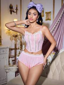 FairyFlirt 2pcs Kawaii Lolita Satin Floral Lace Criss-Cross Corset Set, Pink & White - Pink - View 3