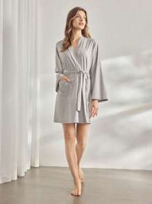 Ocili Leisure Women Solid Color Long Sleeve Double Pocket Robe - Grey - View 3
