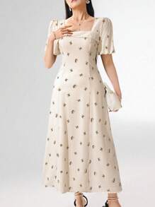 Heiryn Women Ditsy Floral Square Neck Puff Sleeve Dress, Elegant