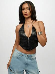 SUMWON WOMEN Parte superior tipo corsé con cuello halter de piel sintética, cierre delantero con cremallera, para club, festival, fiesta nocturna, chaleco con gargantilla con tachuelas