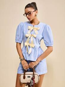 Muvela 2 Stücke Damen Sommer Set aus gestreiftem Top mit Schleifendekor und Puffärmeln sowie Shorts