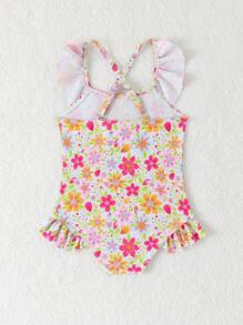 Baby Girl Floral Print Ruffled Hem One-Piece Swimsuit, For Beach Vacation - Multicolor - View 2
