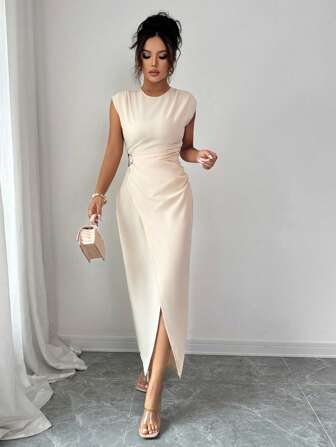 Rafferiza Women's Elegant Fitted Pleated Waist French Apricot Mid-Calf Dress, Summer