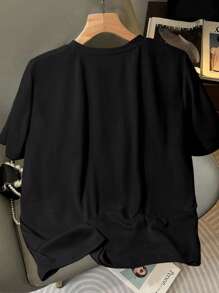 Franclia 粉色H型圆领3D蝴蝶结装饰短袖休闲T恤，女款，夏季大学服装 - 黑色 - 查看 2