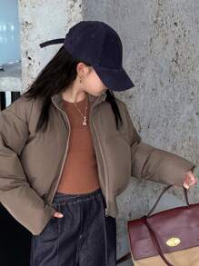 DAZY Abrigo corto acolchado de invierno de unicolor holgado con capucha para niñas preadolescentes