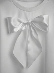 Casual Solid Color Bow Decor Sweatshirt For Everyday Wear Graduation,Back To School,Graduation,Teacher For Women,Back To School Pullover Fall Sweatshirt - White - View 5