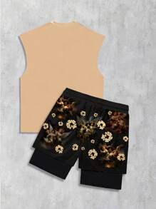 ROMWE MEN Street Life 2pcs/Set Men's Street Y2K Cartoon Angels Print Tank Top Set - Khaki - View 2