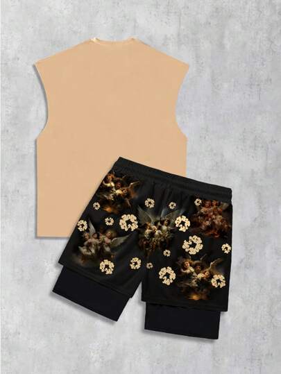 Street Life 2pcs/Set Men's Street Y2K Cartoon Angels Print Tank Top Set