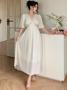 DAZY Women's Summer Elegant Beaded & Sequin Patchwork Short Sleeve Long Textured Fabric Cinched Waist Casual Vacation Boho Dress