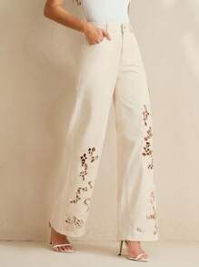 Anewsta Women's Elegant Embroidered Lace Hollow Out White Straight Leg Jeans, Suitable For Valentine's Day, Women's Day, Mother's Day - Mustard Yellow - View 7