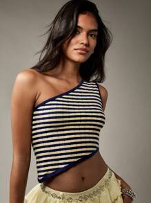 MISSGUIDED One Shoulder Striped Knit Tank Top Ribbed Nautical Style Summer Sleeveless Asymmetric Crop Fashion Top Beach Vacation Casual Wear Resort Essential - Blue and White - View 1