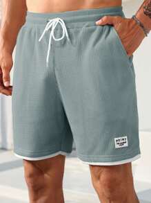 Manfinity Homme Men's Waffle Textured Contrasting Color Shorts, Vacation Style Men Mesh Shorts Waffle Shorts Men Summer Shorts