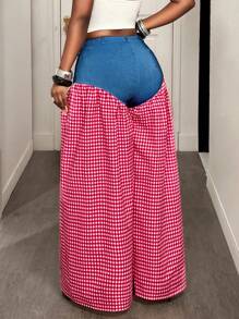 BamGleam Pantalón largo casual de mujer con parches de jean y cuadros - Multicolor - Ver 2