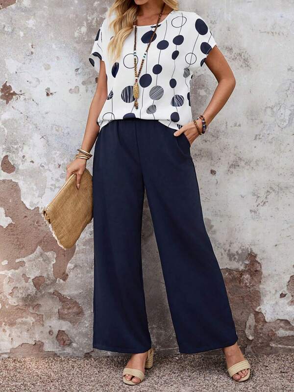 EMERY ROSE Round Neck Plants Print Blouse And Long Wide Leg Pants Set For Women In Polyester,Teacher Outfits For Women