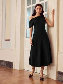 ZEYLAH Women Elegant Solid Color Asymmetric Neck Dress - Black - View 5