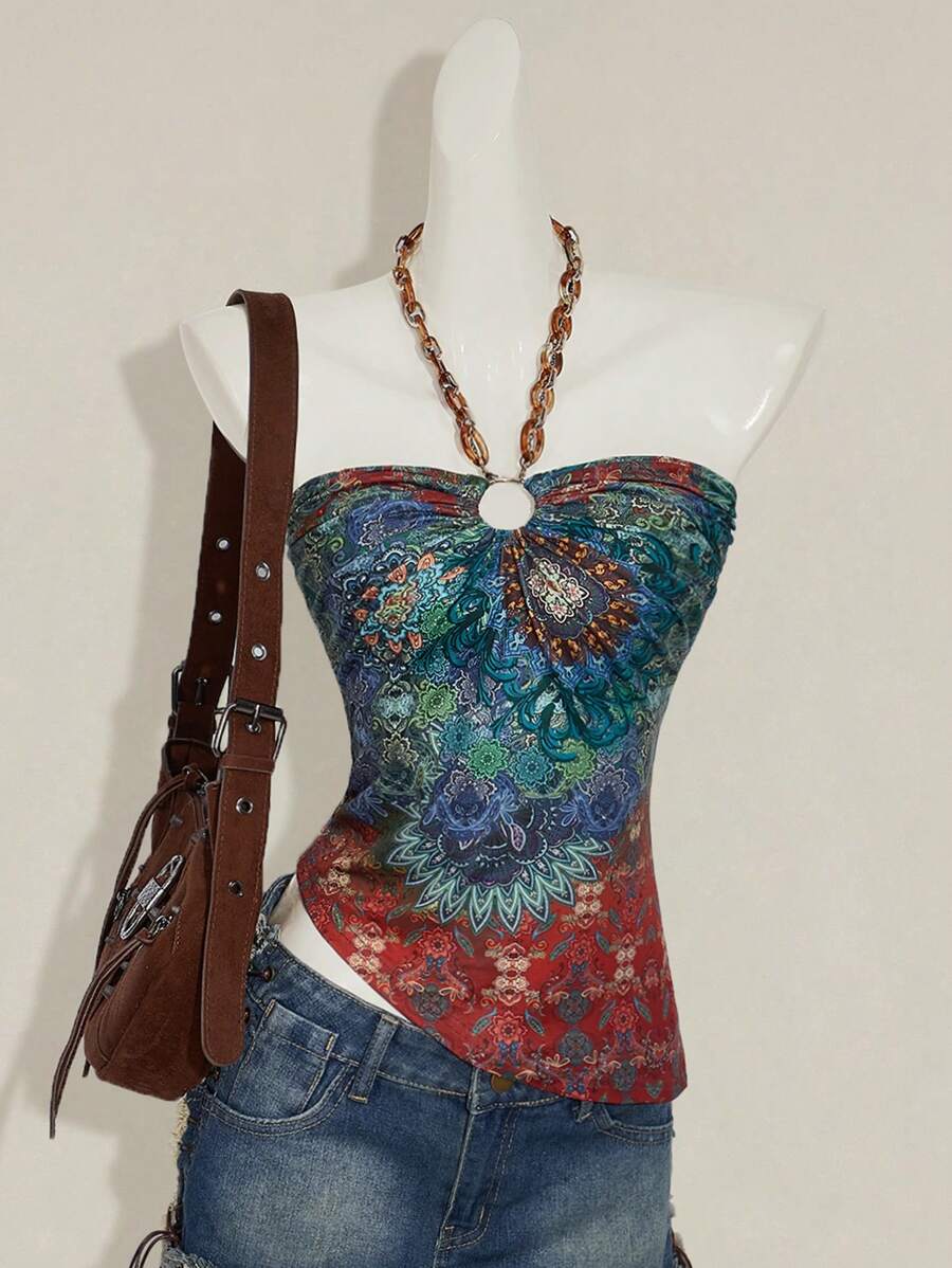 SHEIN ICON 女士花卉印花环扣式露背度假背心