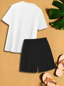 Manfinity Homme 2pcs/Set Men's Casual Round Neck Short Sleeve T-Shirt And Shorts, Daily Wear, Cozy Outfits, Holiday - Multicolor - View 3