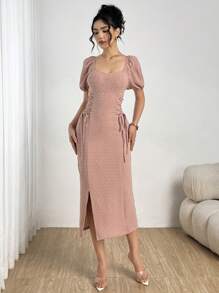Modelyn Slit Detail Jacquard Lace-Up Puff Sleeve Elegant Summer Women Dress
