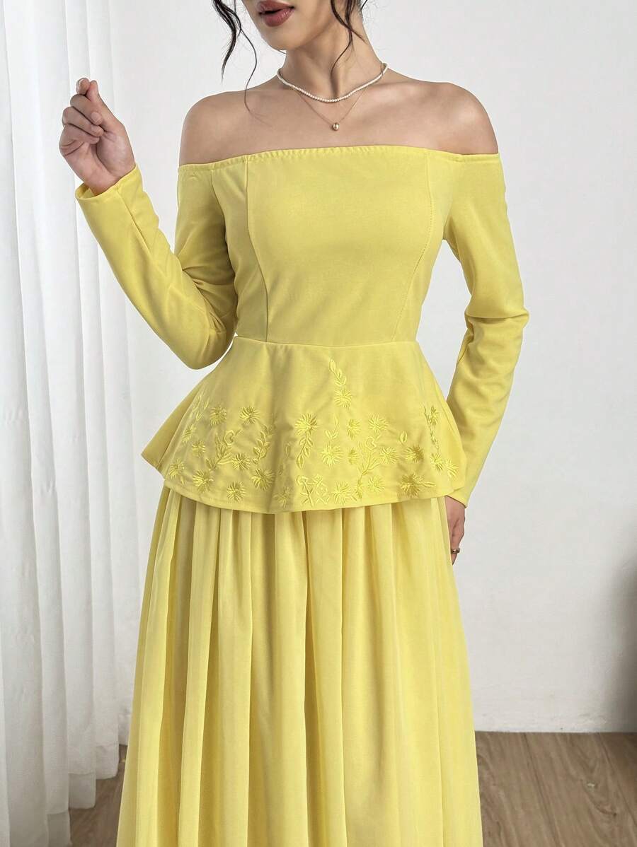 Modelyn 女式法式露肩刺绣束腰上衣 2 件套 - 黃色 - 查看 1