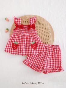 Cozy Pixies 2pcs Baby Girls Strawberry Print Ruffle Trim Pullover Top And Elastic Waist Shorts Set - Red - View 1