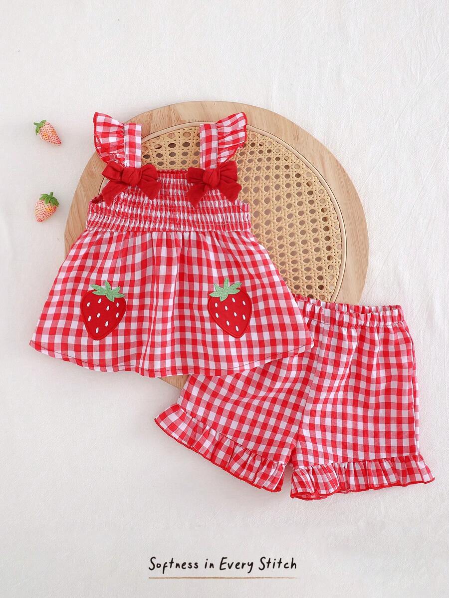 Cozy Pixies 2pcs Baby Girls Strawberry Print Ruffle Trim Pullover Top And Elastic Waist Shorts Set - Red - View 1