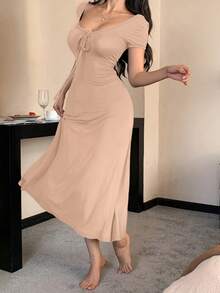 DAZY Đầm ngủ nữ cổ chữ V buộc eo màu trơn - Hồng - Xem 3