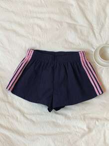 Comfortcana Quần short nữ màu xanh hải quân, cạp chun, dáng rộng, thoải mái, có sọc bên hông, thích hợp mặc mùa hè. - Màu xanh hải quân - Xem 6