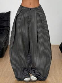Coolane Women's Summer Streetwear Y2K Vintage Casual Hippie  Striped Oversized Low Rise Grey Banana Pants - Dark Grey - View 2