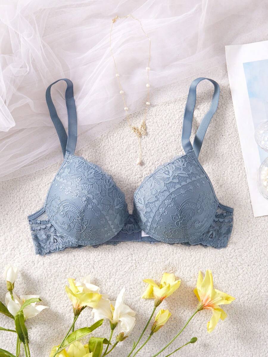 SHEIN 1 件女士宽肩带蕾丝衬垫聚拢钢圈文胸