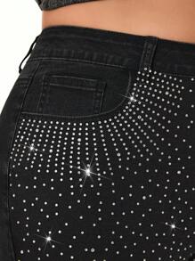 Rina Fox Quần short denim bó sát đính đá thời trang thiết kế túi cỡ lớn cho nữ - màu đen - Xem 7