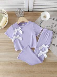 SHEIN Vintaside Kids 2pcs/Set Young Girl Bow Decor Short Sleeve T-Shirt And Shorts Casual Outfit, Summer - Mauve Purple - View 1