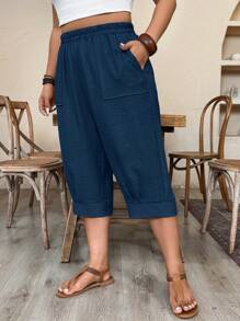 Weeklong Plus SizeCasual Imitation Linen Cropped Pants - Navy Blue - View 3