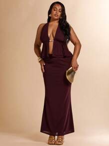 SHEIN BAE Plus Size Women Spring/Summer Vacation Outfit, 2 Pieces Set, Metal Decor Top,4th Of July Curve,Beach Outfit For Women,Airport Outfit Women,Festival Outfits Women,Graduation ,Women Summer Clothes,Going Out Tops Women,Rave Outfits,Club Outfits Women Sexy,Birthday Outfits For Women,Western Wear Women,Wedding Guest Dress Women,Holiday Outfits,Summer Outfits For Women,Vacation Set,Skirt - Brown - View 3