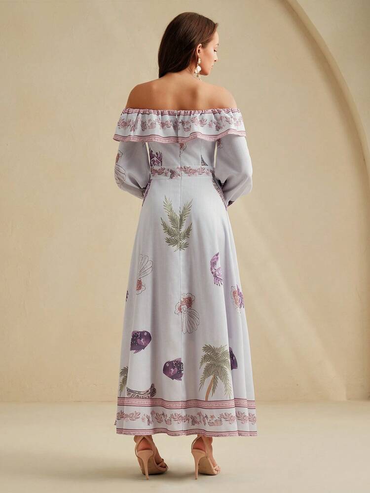 Women's Lantern Sleeve Off Shoulder Boho Style Floral Print Maxi Dress