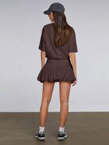 Athîral 女式纯色圆领落肩荷叶边下摆迷你连衣裙，夏季 - 棕色 - 查看 4