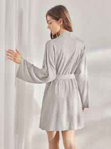 Ocili Leisure Women Solid Color Long Sleeve Double Pocket Robe - Grey - View 2