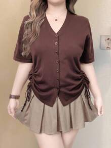 EMERY ROSE Cardigan casual monorange à manches courtes avec cordonnet à la taille, coupe ample pour femmes - Marron - Voir 2