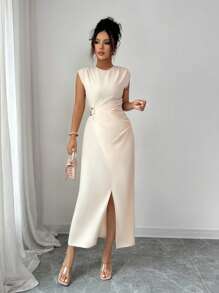 Rafferiza Váy dài đến bắp chân xếp ly kiểu Pháp thanh lịch dành cho nữ, mùa hè - Màu be - Xem 6