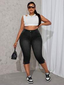 Plus Size Women Elastic Denim Capri Pants With Side Slit - Black - View 7