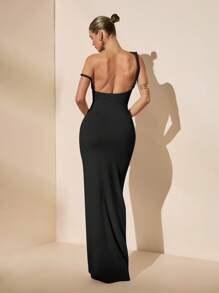 SHEIN BAE Solid White Sexy Backless Twisted Tie Maxi Dress For Women, Elegant Vacation Dress, Bridesmaid Dress, Birthday Party Dress, Back To School & Graduation Dress, Spring/Summer,Fall Wedding Guest Dress - Black - View 2