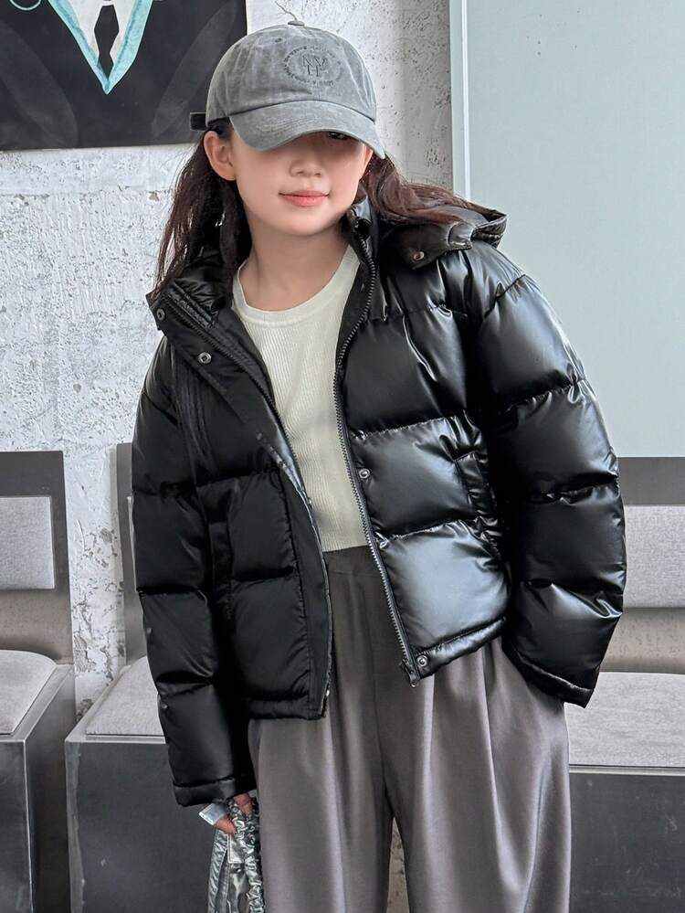 Tween Girls Hooded Casual Solid Color Long Sleeve Padded Coat