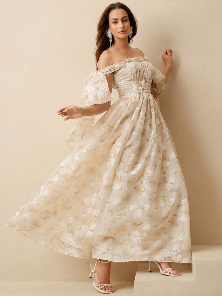 Apricot Floral Print Maxi Dress For Women Elegant Off-The-Shoulder Style With Ruffle Sleeves