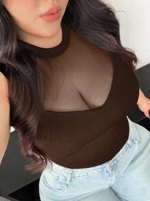 Vibekara Plus Size Mesh Sheer Sexy Net Patchwork Black Top T-Shirt - Brown - View 5