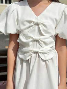 SHEIN Tween Girls' Academic V-Neck White Dress With Dramatic Sleeves & Bow, Back-To-School Season - White - View 5