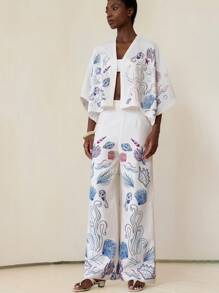 Aveloria Modichic Women White Autumn Tropical Tea Party Vacation Holiday Elegant Shell & Seaweed Floral V-Neck Oversized Drop Shoulder Wide Leg Pants 2 Pieces Set - Multicolor - View 4