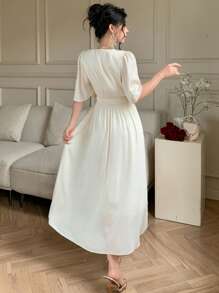 DAZY Women's Summer Elegant Beaded & Sequin Patchwork Short Sleeve Long Textured Fabric Cinched Waist Casual Vacation Boho Dress