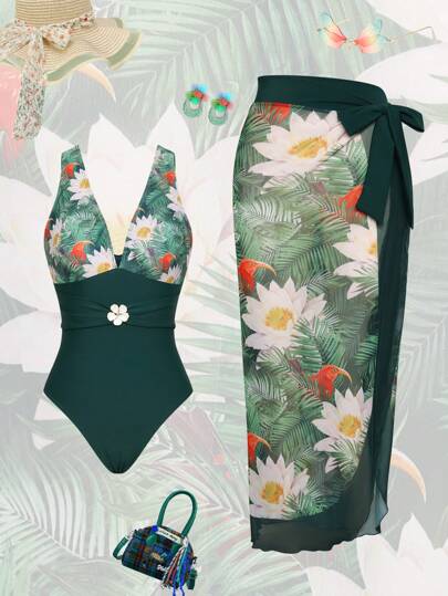 The White Lotus Swim Oasis Conjunto de 2 piezas: Conjunto de verano de moda talla grande vendido con estampado floral aleatorio, traje de baño de escote en V profundo sin mangas y falda de pareo con estampado floral de red con lazo en la cintura