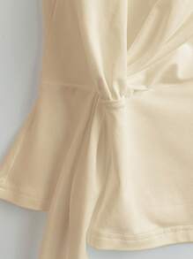 Franclia Women Elegant Twist Solid Deep V Neck Ruffle Short Sleeve T-Shirt - Apricot - View 6