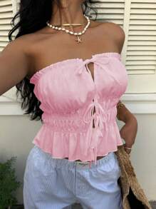 Sunnyshic Áo hở vai viền ren trắng cho nữ - Màu Hồng baby - Xem 6