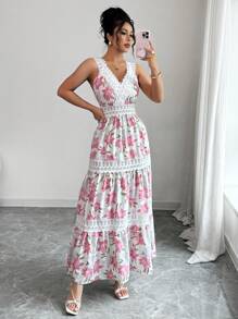 Elenzga 女士花卉印花撞色蕾丝无袖度假连衣裙（图案随机剪裁）